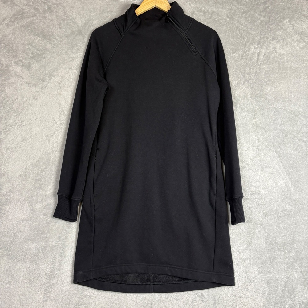 Athleta Karma‎ Sweatshirt Dress Luxe Fleece Dress Black Asymmetrical Zip Small